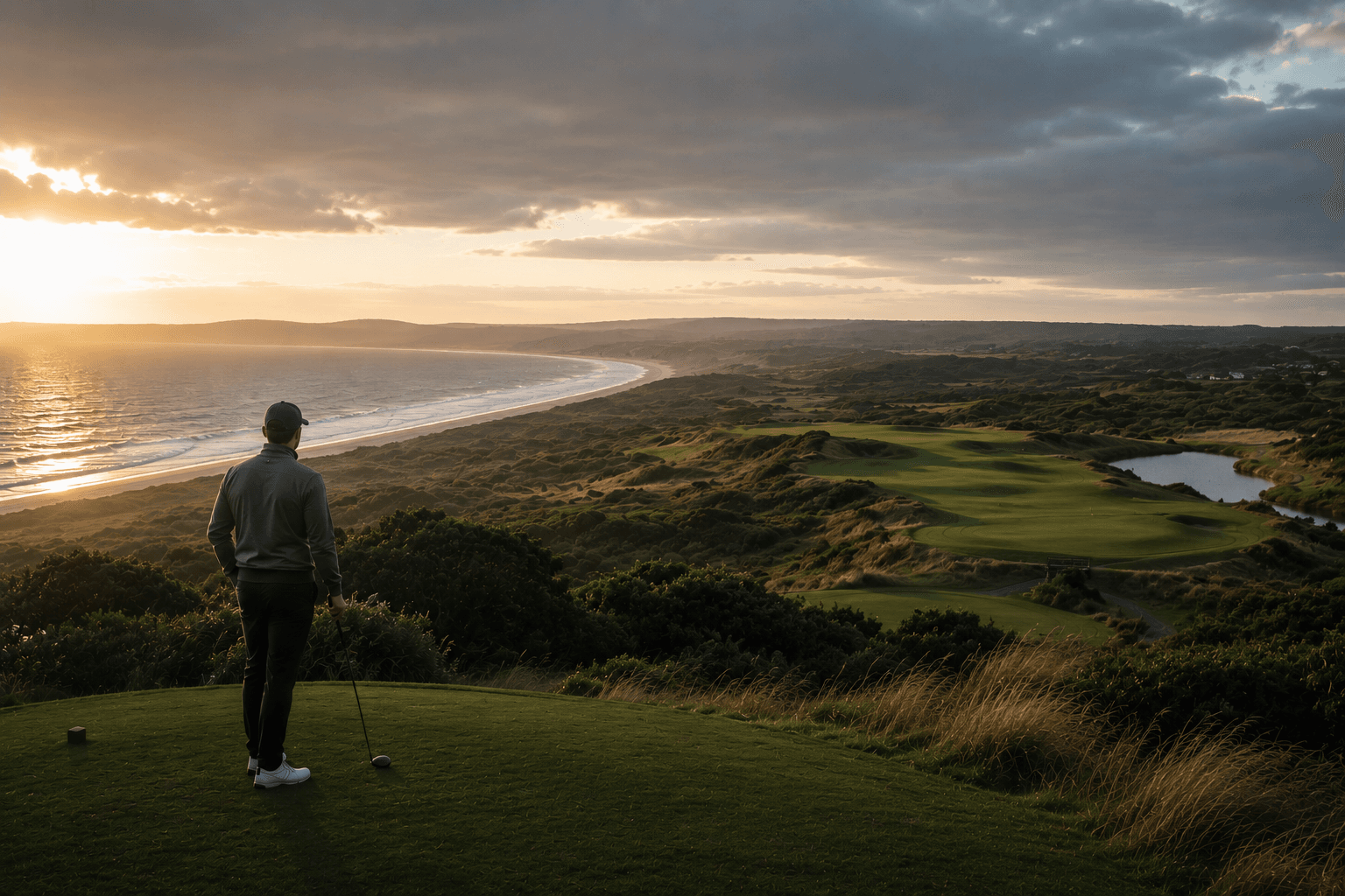 A golfer looking out over a coastal golf course at sunset, fairway and green in the distance